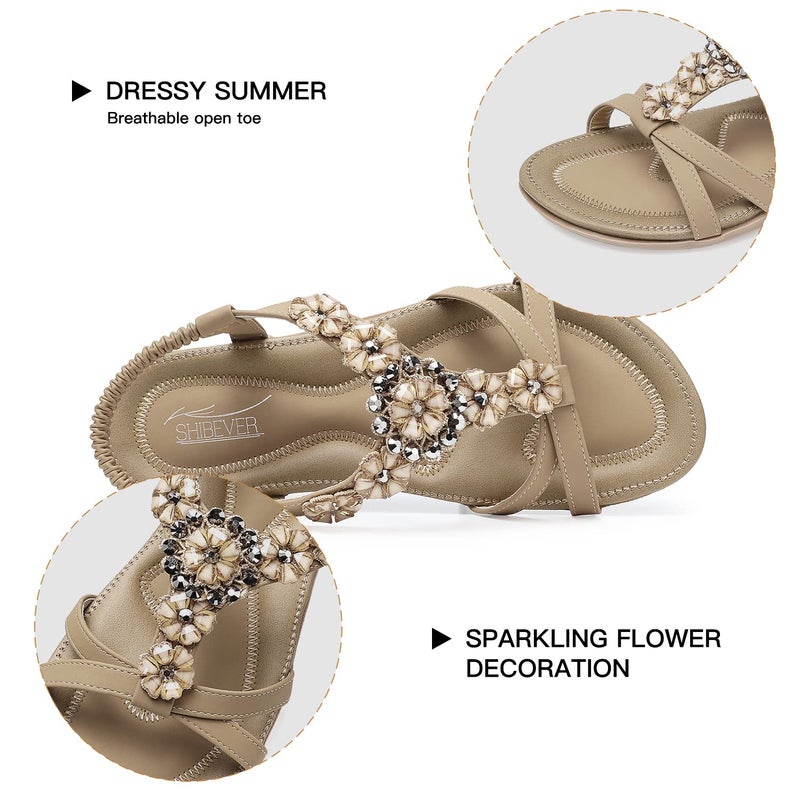 SHIBEVER Flat Sandals for Women Dressy: Size 7 Summer Flowers Dress Sandals- Comfortable Walking Soft Work Flats Womens Sandal Apricot - Image 3
